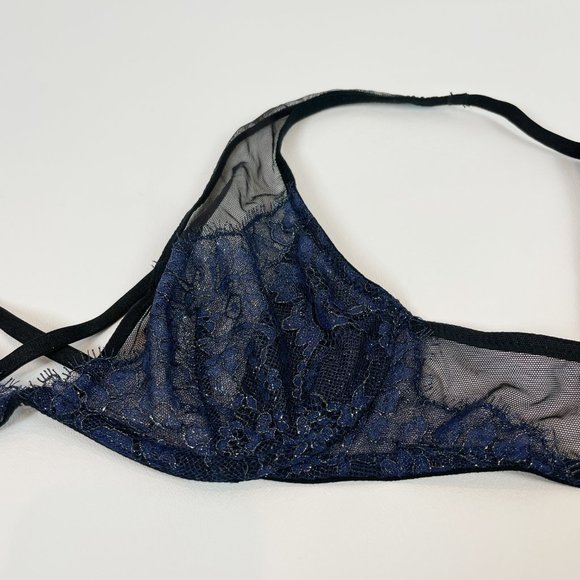 NWOT Victoria's Secret Bra 32C Very Sexy Unlined Plunge Black Blue Lace Shimmer - Picture 3 of 10